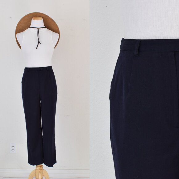 Vintage 90s Navy Poly/Rayon/Spandex Flat Front Trousers | 29‎ waist - Picture 1 of 9